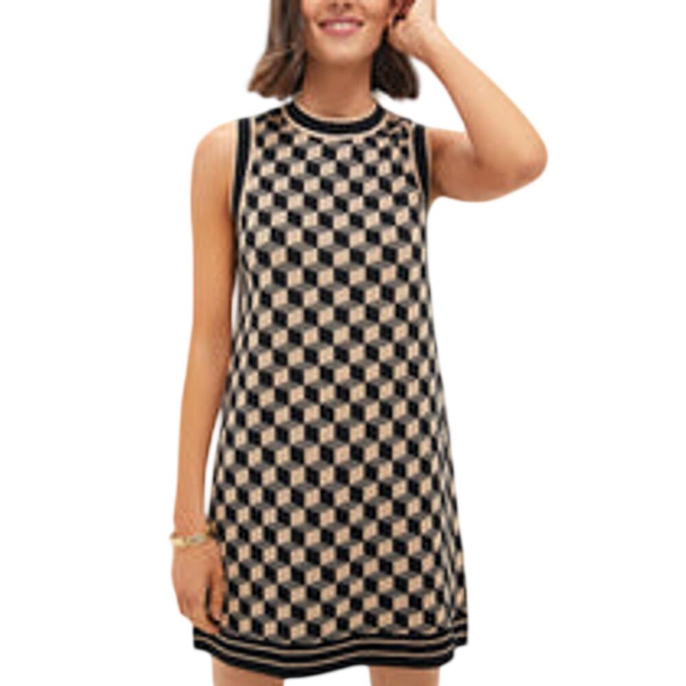 Sleeveless Geometric Knit Shift Dress - Black & Beige